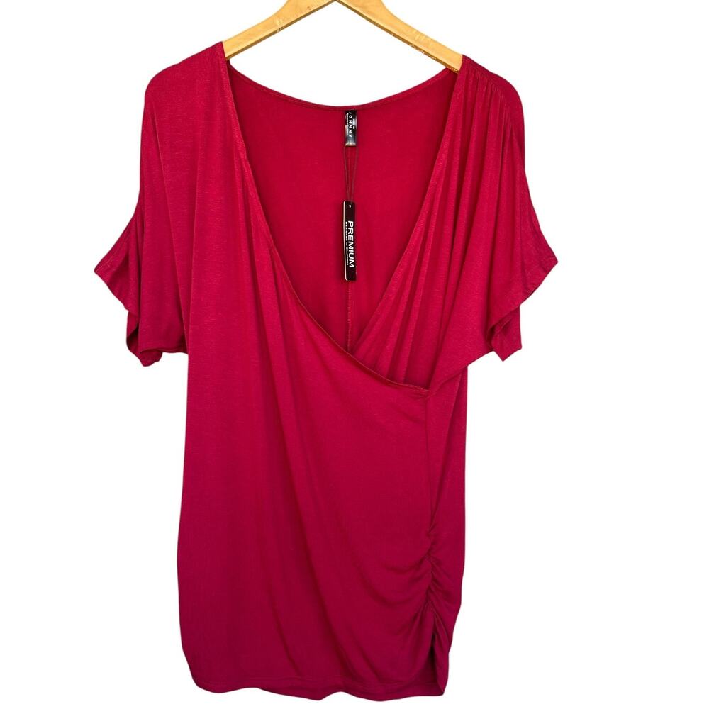 Made By Johnny Shirt Womens Large Red Modal Short Sleeve Ruched Tunic Top New